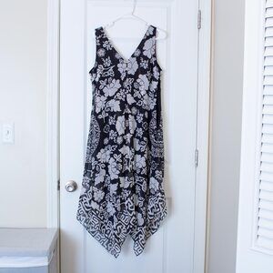 M Boho Handerchief Hem Floral Geometric Sleeveless V-neck Black White Midi Dress